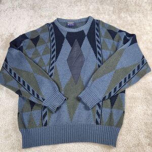 Barnaby Vtg Blue Argyle Leather Long Sleeve Crew Neck Pullover Sweater Size XL